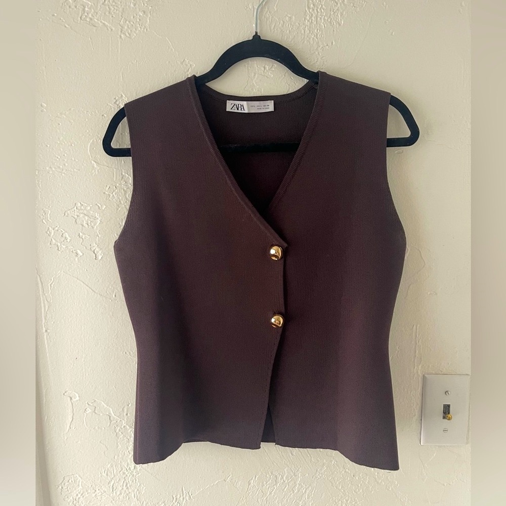 Zara Dark Brown Sleeveless Button Down Top